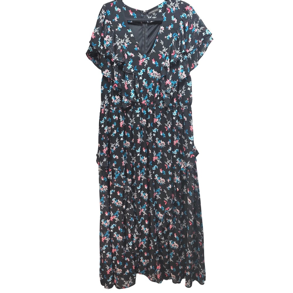Lane Bryant Maxi Dress Womens 24 Ditzy Floral Ruffle Chiffon Blk Flutter Sleeve
